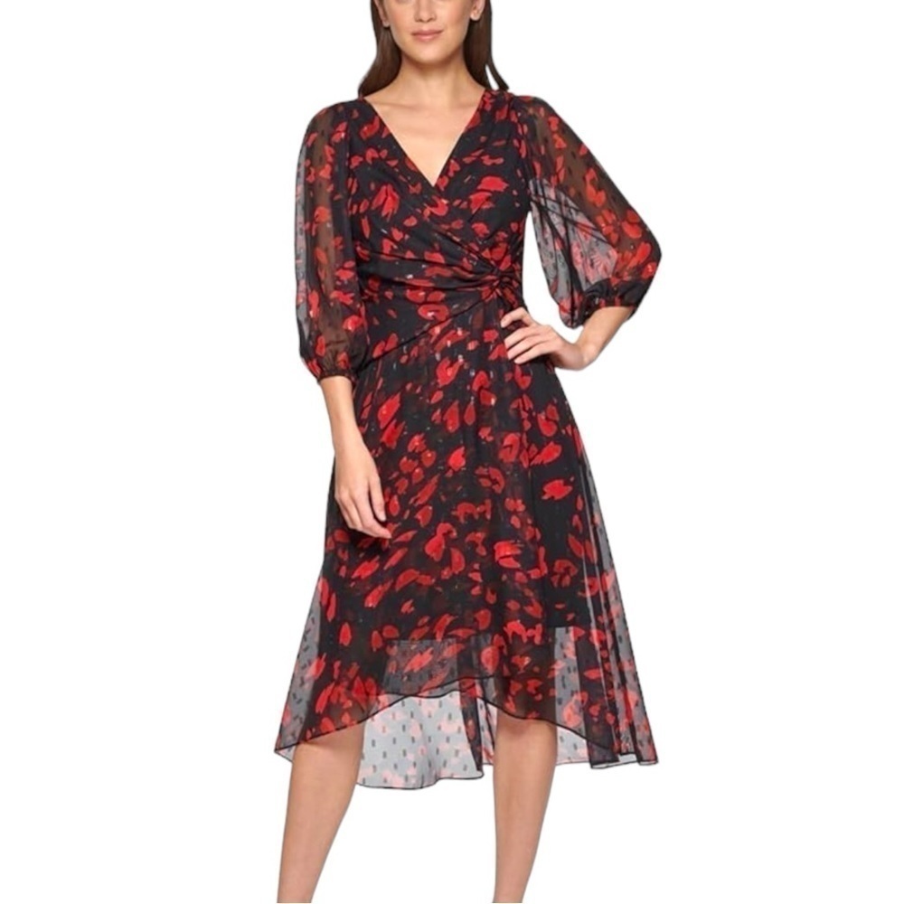 DKNY Black and Red Floral Midi Dress